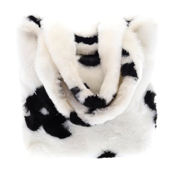Soft and Fluffy Faux Fur Flower Tote Bag in Black and White for Girls or Women - Picture 3 of 5
